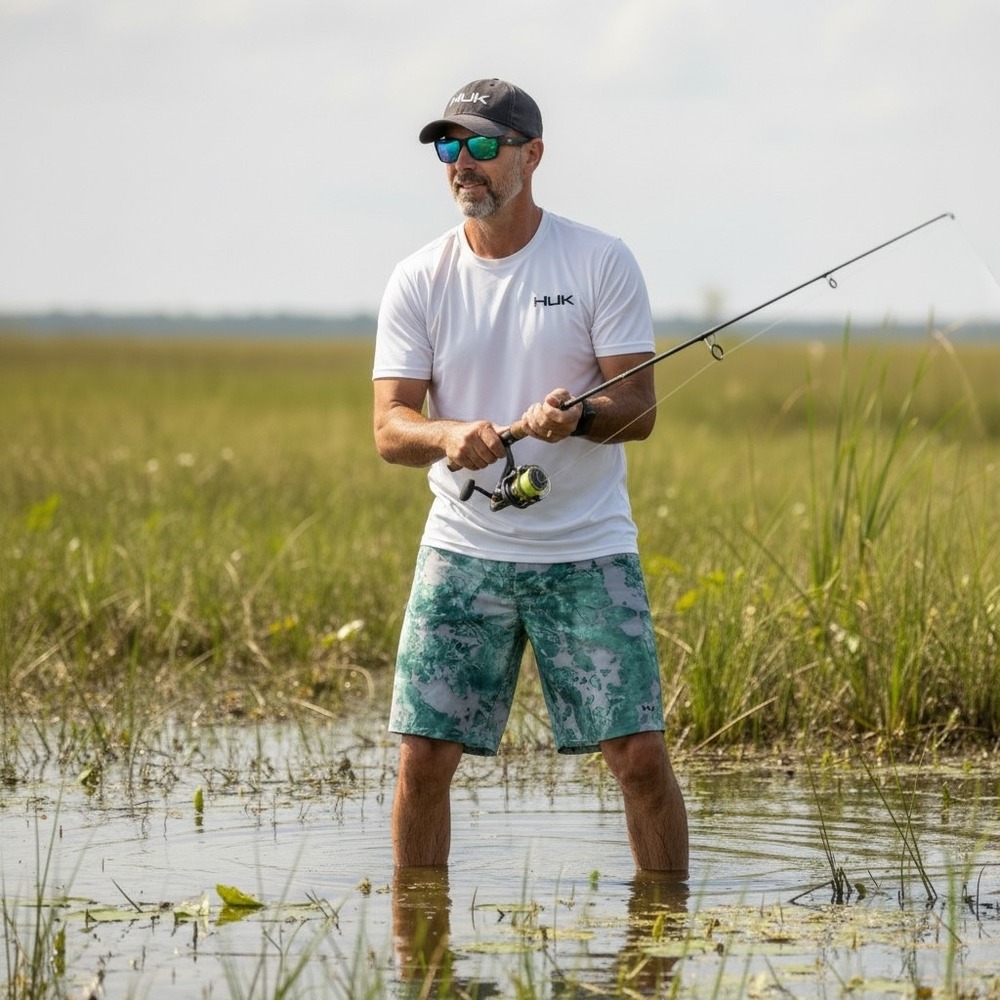 Huk Mens Mossy Oak Fracture Camo Fishing Board Shorts Aqua Grey H2000138 Size 36